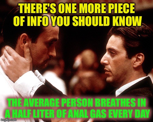 THERE'S ONE MORE PIECE OF INFO YOU SHOULD KNOW THE AVERAGE PERSON BREATHES IN A HALF LITER OF ANAL GAS EVERY DAY | made w/ Imgflip meme maker