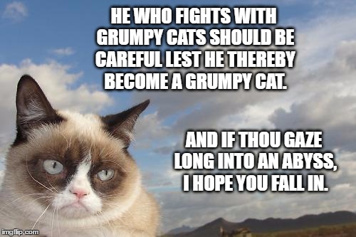Nietzsche Cat | HE WHO FIGHTS WITH GRUMPY CATS SHOULD BE CAREFUL LEST HE THEREBY BECOME A GRUMPY CAT. AND IF THOU GAZE LONG INTO AN ABYSS, I HOPE YOU FALL IN. | image tagged in memes,grumpy cat,nietzsche,the abyss | made w/ Imgflip meme maker