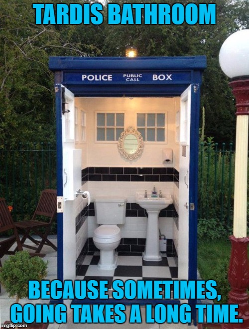 TARDIS BATHROOM; BECAUSE SOMETIMES, GOING TAKES A LONG TIME. | image tagged in memes,tardis bathroom,doctor who,funny | made w/ Imgflip meme maker