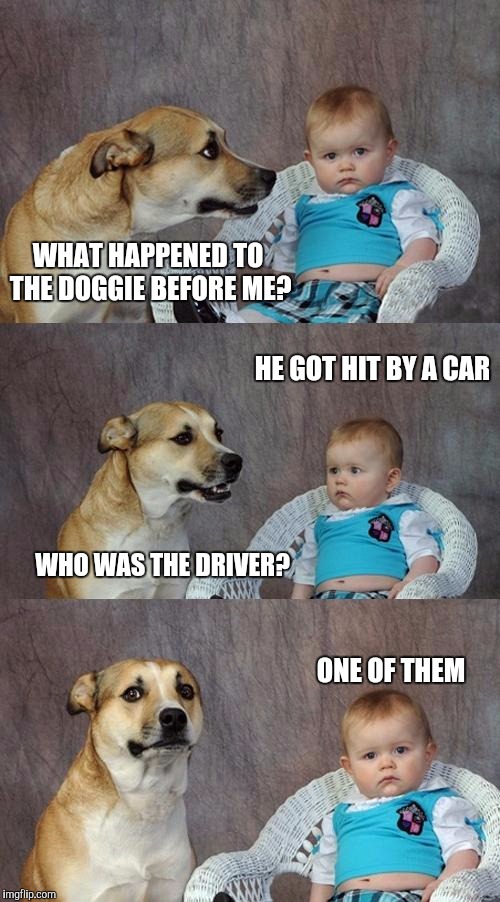 Dad Joke Dog | WHAT HAPPENED TO THE DOGGIE BEFORE ME? HE GOT HIT BY A CAR; WHO WAS THE DRIVER? ONE OF THEM | image tagged in memes,dad joke dog | made w/ Imgflip meme maker