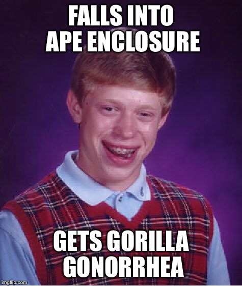Bad Luck Brian Meme | FALLS INTO APE ENCLOSURE GETS GORILLA GONORRHEA | image tagged in memes,bad luck brian | made w/ Imgflip meme maker