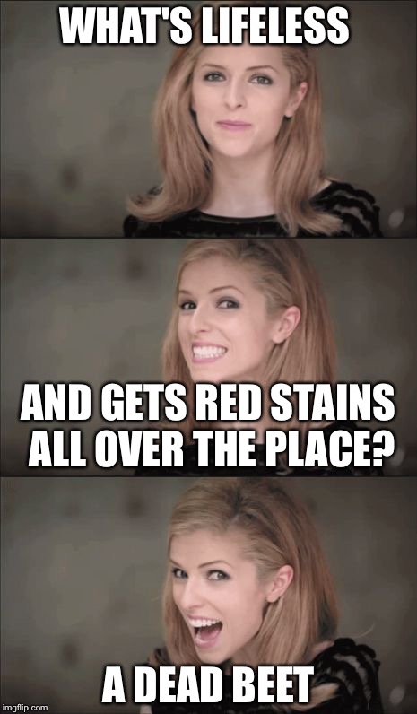 Bad Pun Anna Kendrick Meme | WHAT'S LIFELESS; AND GETS RED STAINS ALL OVER THE PLACE? A DEAD BEET | image tagged in memes,bad pun anna kendrick | made w/ Imgflip meme maker