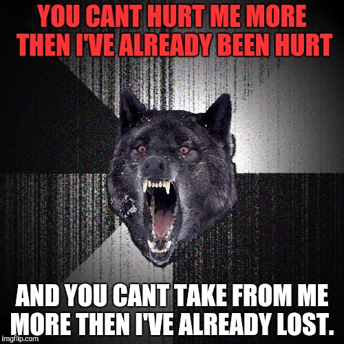 Insanity Wolf Meme | YOU CANT HURT ME MORE THEN I'VE ALREADY BEEN HURT; AND YOU CANT TAKE FROM ME MORE THEN I'VE ALREADY LOST. | image tagged in memes,insanity wolf | made w/ Imgflip meme maker
