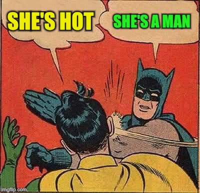 Batman Slapping Robin Meme | SHE'S HOT SHE'S A MAN | image tagged in memes,batman slapping robin | made w/ Imgflip meme maker