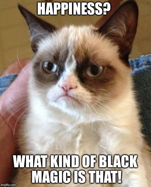 Grumpy Cat | HAPPINESS? WHAT KIND OF BLACK MAGIC IS THAT! | image tagged in memes,grumpy cat | made w/ Imgflip meme maker