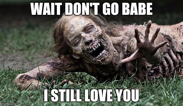 Walking Dead Zombie | WAIT DON'T GO BABE; I STILL LOVE YOU | image tagged in walking dead zombie | made w/ Imgflip meme maker