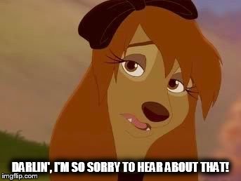 Darlin', I'm So Sorry To Hear About That! | DARLIN', I'M SO SORRY TO HEAR ABOUT THAT! | image tagged in dixie melancholy,memes,disney,the fox and the hound 2,reba mcentire,dog | made w/ Imgflip meme maker