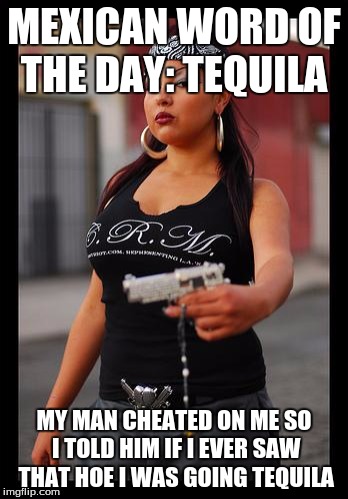 Chola | MEXICAN WORD OF THE DAY: TEQUILA; MY MAN CHEATED ON ME SO I TOLD HIM IF I EVER SAW THAT HOE I WAS GOING TEQUILA | image tagged in chola | made w/ Imgflip meme maker