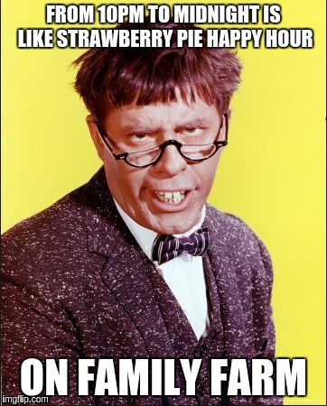 Nutty Professor | FROM 10PM TO MIDNIGHT IS LIKE STRAWBERRY PIE HAPPY HOUR; ON FAMILY FARM | image tagged in nutty professor | made w/ Imgflip meme maker