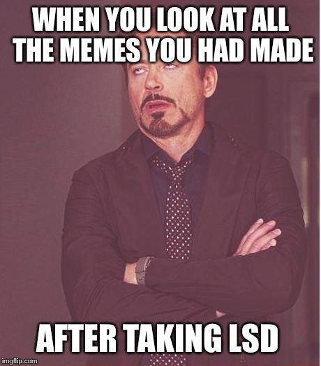 Face You Make Robert Downey Jr | WHEN YOU LOOK AT ALL THE MEMES YOU HAD MADE; AFTER TAKING LSD | image tagged in memes,face you make robert downey jr | made w/ Imgflip meme maker