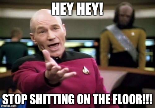 Picard Wtf | HEY HEY! STOP SHITTING ON THE FLOOR!!! | image tagged in memes,picard wtf | made w/ Imgflip meme maker