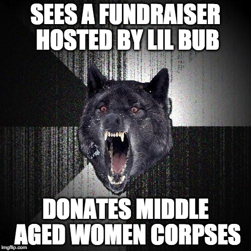 Insanity Wolf Meme | SEES A FUNDRAISER HOSTED BY LIL BUB; DONATES MIDDLE AGED WOMEN CORPSES | image tagged in memes,insanity wolf | made w/ Imgflip meme maker