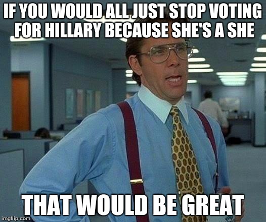 That Would Be Great Meme | IF YOU WOULD ALL JUST STOP VOTING FOR HILLARY BECAUSE SHE'S A SHE; THAT WOULD BE GREAT | image tagged in memes,that would be great | made w/ Imgflip meme maker