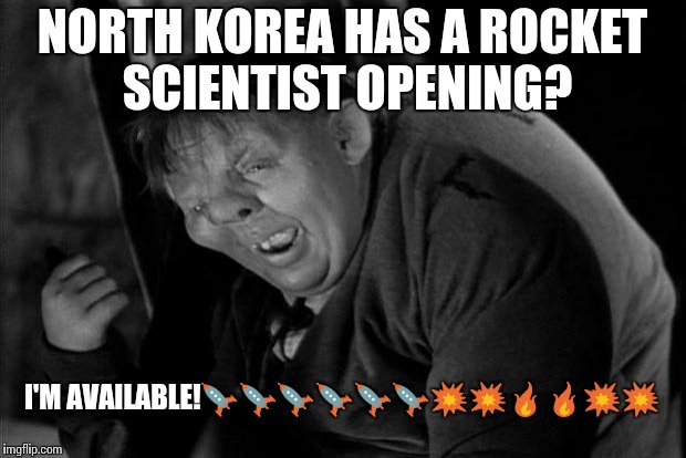 Quasimodo | NORTH KOREA HAS A ROCKET SCIENTIST OPENING? I'M AVAILABLE!🚀🚀🚀🚀🚀🚀💥💥🔥🔥💥💥 | image tagged in quasimodo | made w/ Imgflip meme maker