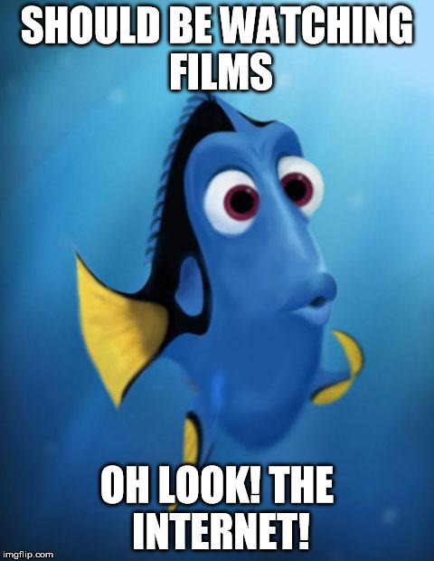 Dory | SHOULD BE WATCHING FILMS; OH LOOK! THE INTERNET! | image tagged in dory | made w/ Imgflip meme maker