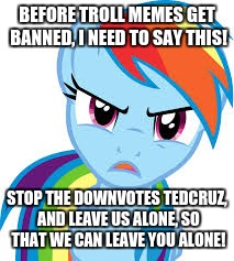 Angry Rainbow Dash | BEFORE TROLL MEMES GET BANNED, I NEED TO SAY THIS! STOP THE DOWNVOTES TEDCRUZ, AND LEAVE US ALONE, SO THAT WE CAN LEAVE YOU ALONE! | image tagged in angry rainbow dash | made w/ Imgflip meme maker
