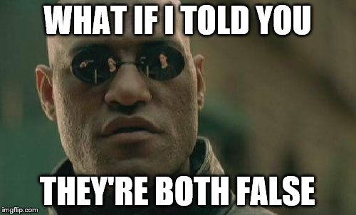 Matrix Morpheus Meme | WHAT IF I TOLD YOU THEY'RE BOTH FALSE | image tagged in memes,matrix morpheus | made w/ Imgflip meme maker