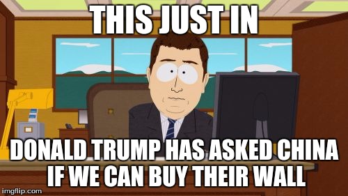 Aaaaand Its Gone | THIS JUST IN; DONALD TRUMP HAS ASKED CHINA IF WE CAN BUY THEIR WALL | image tagged in memes,aaaaand its gone | made w/ Imgflip meme maker