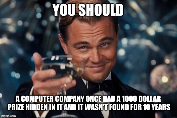 Leonardo Dicaprio Cheers Meme | YOU SHOULD A COMPUTER COMPANY ONCE HAD A 1000 DOLLAR PRIZE HIDDEN IN IT AND IT WASN'T FOUND FOR 10 YEARS | image tagged in memes,leonardo dicaprio cheers | made w/ Imgflip meme maker