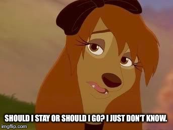 Should I Stay Or Should I Go? | SHOULD I STAY OR SHOULD I GO? I JUST DON'T KNOW. | image tagged in dixie melancholy,memes,disney,the fox and the hound 2,reba mcentire,dog | made w/ Imgflip meme maker