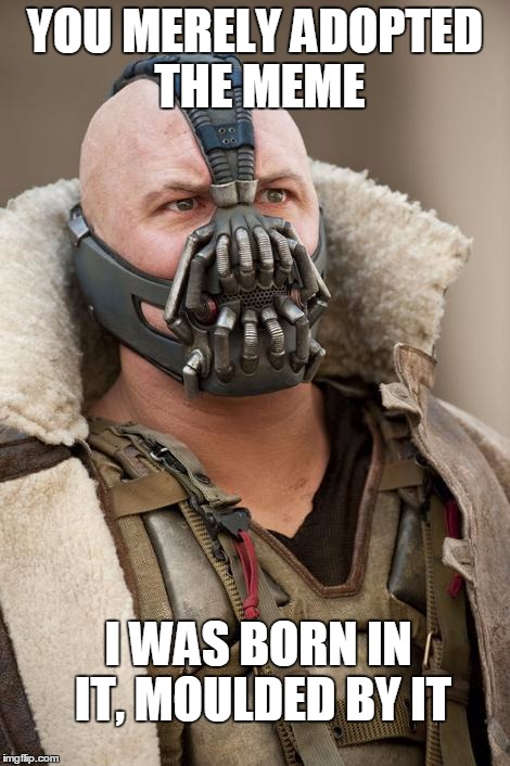 One with the Memes | YOU MERELY ADOPTED THE MEME; I WAS BORN IN IT, MOULDED BY IT | image tagged in batman,memes,bane,dark knight rises | made w/ Imgflip meme maker