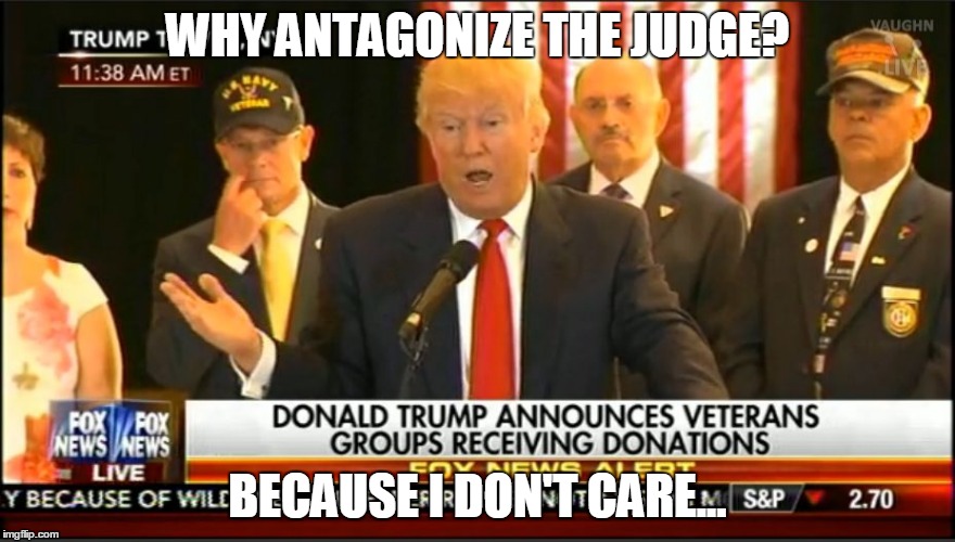 WHY ANTAGONIZE THE JUDGE? BECAUSE I DON'T CARE... | image tagged in boss,The_Donald | made w/ Imgflip meme maker