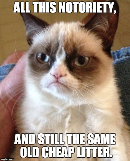 Cheap Litter.  | ALL THIS NOTORIETY, AND STILL THE SAME OLD CHEAP LITTER. | image tagged in memes,grumpy cat,cheap,the most interesting cat in the world | made w/ Imgflip meme maker