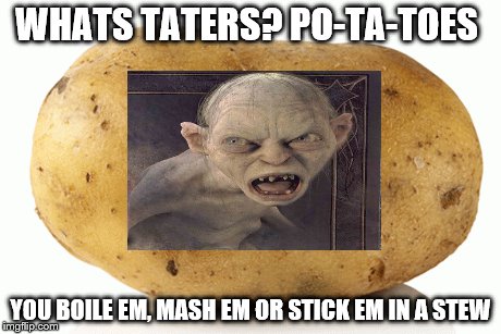 Gollum taters | WHATS TATERS? PO-TA-TOES; YOU BOILE EM, MASH EM OR STICK EM IN A STEW | image tagged in gollum | made w/ Imgflip meme maker