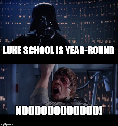 Star Wars No Meme | LUKE SCHOOL IS YEAR-ROUND; NOOOOOOOOOOOO! | image tagged in memes,star wars no | made w/ Imgflip meme maker