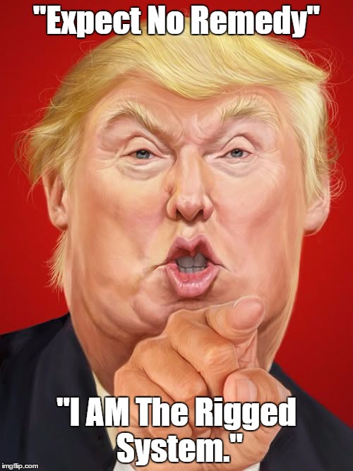 "Expect No Remedy" | "Expect No Remedy"; "I AM The Rigged System." | image tagged in rigged system,trump | made w/ Imgflip meme maker