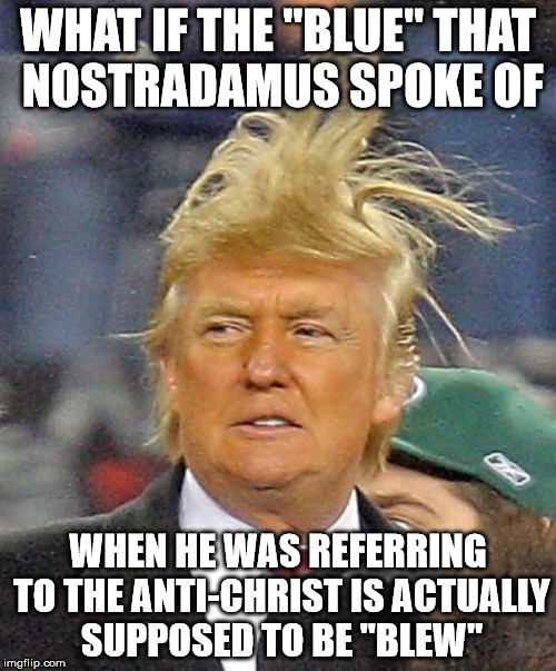 Donald Trumph hair | WHAT IF THE "BLUE" THAT NOSTRADAMUS SPOKE OF; WHEN HE WAS REFERRING TO THE ANTI-CHRIST IS ACTUALLY SUPPOSED TO BE "BLEW" | image tagged in donald trumph hair | made w/ Imgflip meme maker