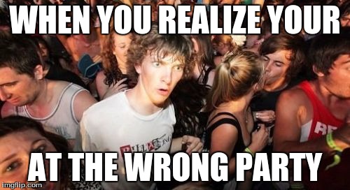 Sudden Clarity Clarence Meme | WHEN YOU REALIZE YOUR; AT THE WRONG PARTY | image tagged in memes,sudden clarity clarence | made w/ Imgflip meme maker