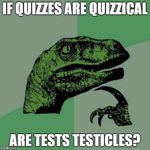 Philosoraptor | IF QUIZZES ARE QUIZZICAL; ARE TESTS TESTICLES? | image tagged in memes,philosoraptor | made w/ Imgflip meme maker