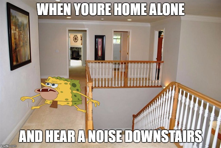 Paranoid Panic | WHEN YOURE HOME ALONE; AND HEAR A NOISE DOWNSTAIRS | image tagged in spongegar meme | made w/ Imgflip meme maker