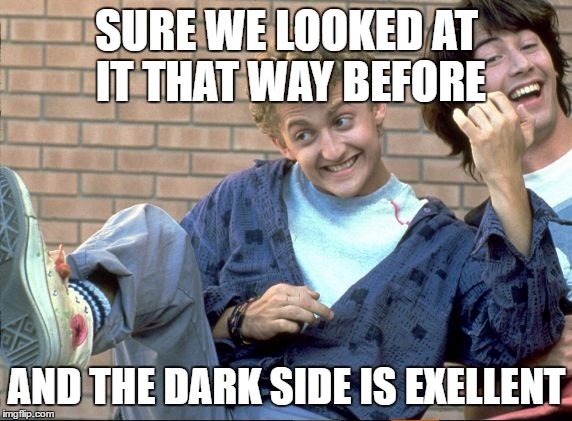 SURE WE LOOKED AT IT THAT WAY BEFORE AND THE DARK SIDE IS EXELLENT | image tagged in bill  ted | made w/ Imgflip meme maker