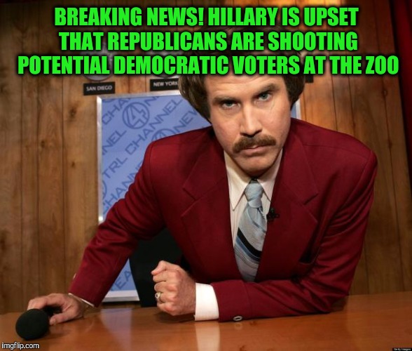 Ron Burgundy in yo face | BREAKING NEWS! HILLARY IS UPSET THAT REPUBLICANS ARE SHOOTING POTENTIAL DEMOCRATIC VOTERS AT THE ZOO | image tagged in ron burgundy in yo face | made w/ Imgflip meme maker