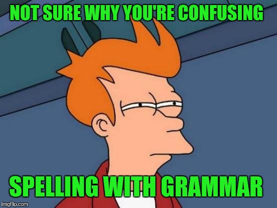 Futurama Fry Meme | NOT SURE WHY YOU'RE CONFUSING SPELLING WITH GRAMMAR | image tagged in memes,futurama fry | made w/ Imgflip meme maker