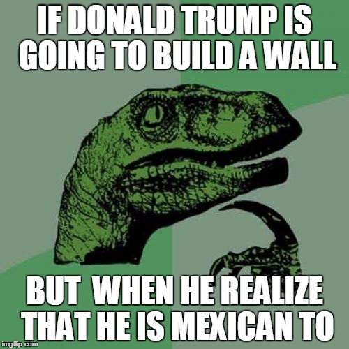 Philosoraptor | IF DONALD TRUMP IS GOING TO BUILD A WALL; BUT  WHEN HE REALIZE THAT HE IS MEXICAN TO | image tagged in memes,philosoraptor | made w/ Imgflip meme maker