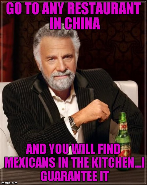 The Most Interesting Man In The World Meme | GO TO ANY RESTAURANT IN CHINA AND YOU WILL FIND MEXICANS IN THE KITCHEN...I GUARANTEE IT | image tagged in memes,the most interesting man in the world | made w/ Imgflip meme maker