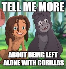 Tarzan Kid | TELL ME MORE ABOUT BEING LEFT ALONE WITH GORILLAS | image tagged in tarzan kid | made w/ Imgflip meme maker