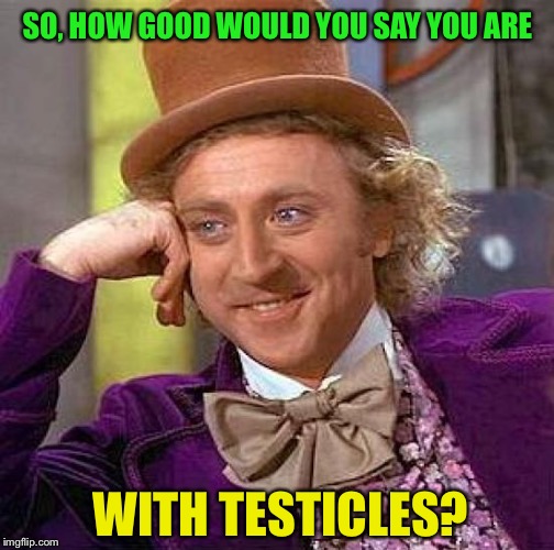 Creepy Condescending Wonka Meme | SO, HOW GOOD WOULD YOU SAY YOU ARE WITH TESTICLES? | image tagged in memes,creepy condescending wonka | made w/ Imgflip meme maker