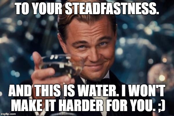 Leonardo Dicaprio Cheers Meme | TO YOUR STEADFASTNESS. AND THIS IS WATER. I WON'T MAKE IT HARDER FOR YOU. ;) | image tagged in memes,leonardo dicaprio cheers | made w/ Imgflip meme maker