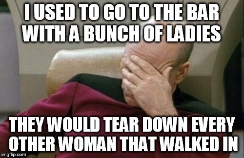 Captain Picard Facepalm Meme | I USED TO GO TO THE BAR WITH A BUNCH OF LADIES THEY WOULD TEAR DOWN EVERY OTHER WOMAN THAT WALKED IN | image tagged in memes,captain picard facepalm | made w/ Imgflip meme maker