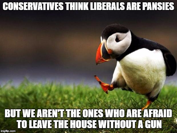 I'm a supporter of the 2nd Amendment, but I'm not a fan of paranoid nut jobs who strap on AK-47s to go grocery shopping. | CONSERVATIVES THINK LIBERALS ARE PANSIES; BUT WE AREN'T THE ONES WHO ARE AFRAID TO LEAVE THE HOUSE WITHOUT A GUN | image tagged in memes,unpopular opinion puffin | made w/ Imgflip meme maker