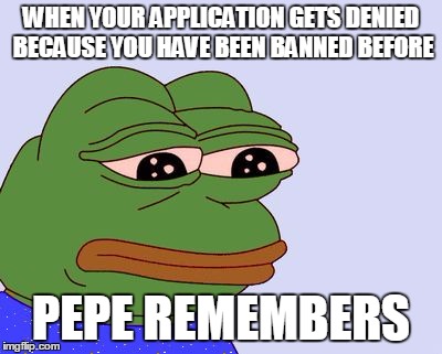 Pepe the Frog | WHEN YOUR APPLICATION GETS DENIED BECAUSE YOU HAVE BEEN BANNED BEFORE; PEPE REMEMBERS | image tagged in pepe the frog | made w/ Imgflip meme maker