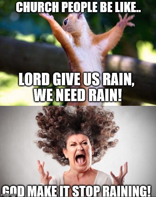 Praying Squirrel | CHURCH PEOPLE BE LIKE.. LORD GIVE US RAIN, WE NEED RAIN! GOD MAKE IT STOP RAINING! | image tagged in praying squirrel | made w/ Imgflip meme maker