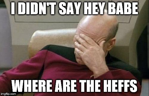 Captain Picard Facepalm Meme | I DIDN'T SAY HEY BABE WHERE ARE THE HEFFS | image tagged in memes,captain picard facepalm | made w/ Imgflip meme maker