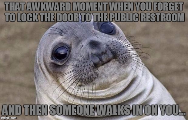 I Was Filling Out A Job Application To Petsmart Inside A Starbucks, When I Suddenly Have The Urge To Use The Bathroom | THAT AWKWARD MOMENT WHEN YOU FORGET TO LOCK THE DOOR TO THE PUBLIC RESTROOM; AND THEN SOMEONE WALKS IN ON YOU... | image tagged in memes,awkward moment sealion,public bathroom,lock the door,walking in on someone,funny | made w/ Imgflip meme maker