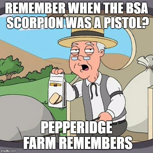 Pepperidge Farm Remembers | REMEMBER WHEN THE BSA SCORPION WAS A PISTOL? PEPPERIDGE FARM REMEMBERS | image tagged in memes,pepperidge farm remembers | made w/ Imgflip meme maker