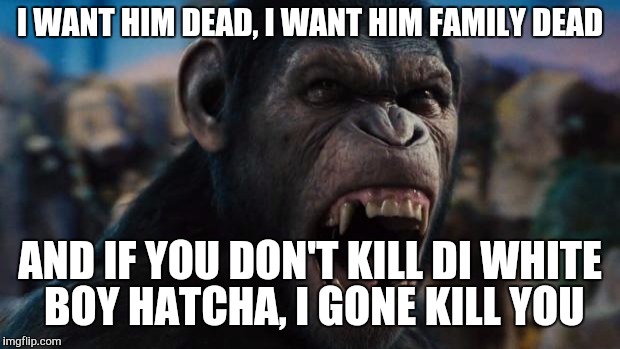 DEM KILL MY BREDA HARAMBE AND I WANT HIM DEAD | I WANT HIM DEAD, I WANT HIM FAMILY DEAD; AND IF YOU DON'T KILL DI WHITE BOY HATCHA, I GONE KILL YOU | image tagged in caeser rise of the planet of the apes | made w/ Imgflip meme maker